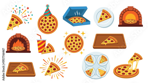 A vibrant collection of pizza-themed illustrations, showcasing slices, whole pies, ovens, and celebratory elements.