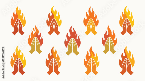 A repeating pattern of stylized praying hands engulfed in flames, symbolizing spiritual fervor or intense devotion.