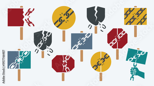 Collection of protest signs featuring broken chains and shields, symbolizing freedom and breaking barriers.