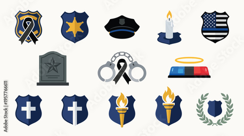 Collection of police-themed icons representing law enforcement, remembrance, and justice, including badges, a tombstone, handcuffs, a candle, and a police light bar.