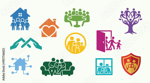 Collection of diverse icons representing family, community, home, and support systems, symbolizing unity, care, and belonging.