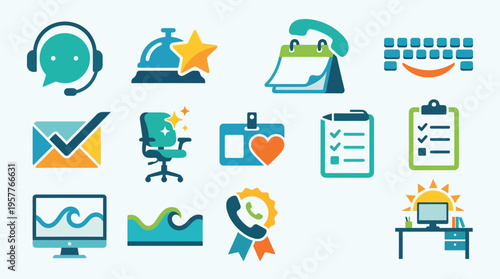 Collection of modern flat icons representing customer service, office work, and business operations.