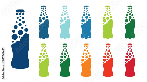 A collection of stylized bottle icons featuring bubbly liquid and various color schemes, representing different beverage options.