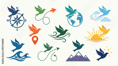 Collection of stylized dove icons representing travel, freedom, and nature, with elements like compasses, globes, mountains, and waves.