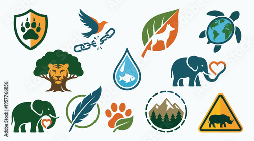Collection of diverse conservation and animal welfare icons representing wildlife protection, environmental care, and endangered species.