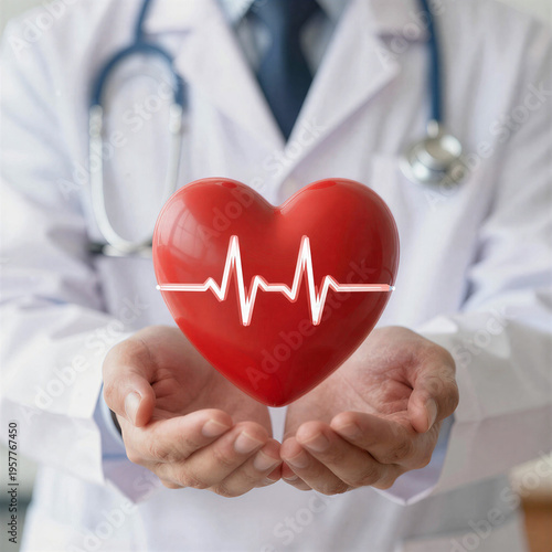 Doctor Holding Red Heart with Heartbeat Symbol