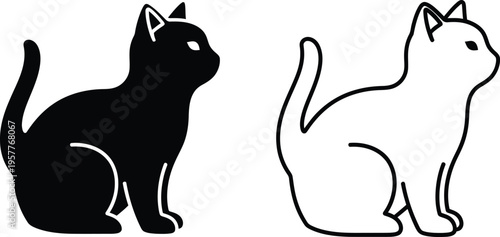 Black and white cats sitting side by side in simple line art Vector