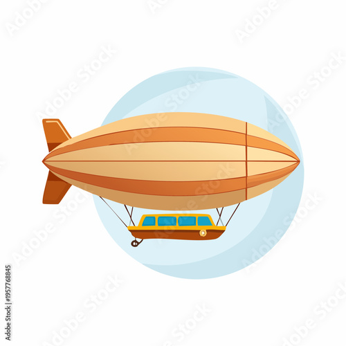 Cartoon airship illustration, flying blimp with gondola in the sky