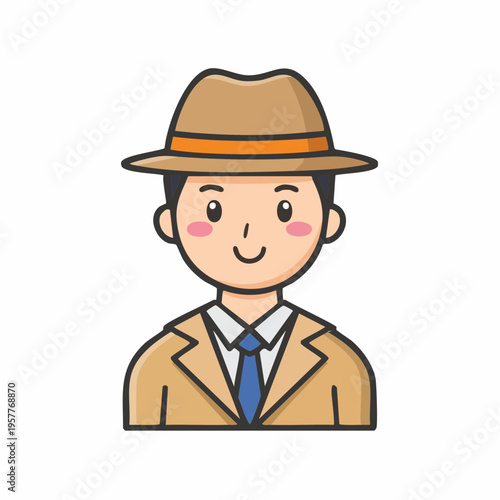 Cartoon character in detective attire, brown hat and trench coat smiling.