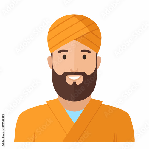 Smiling man with turban and beard, flat vector illustration