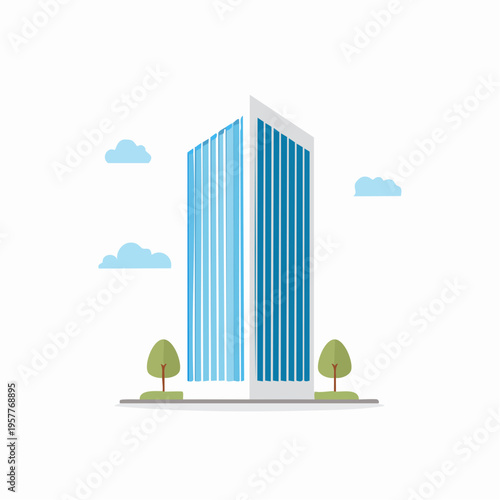 Modern skyscraper with blue glass facade, clouds, and trees, vector illustration