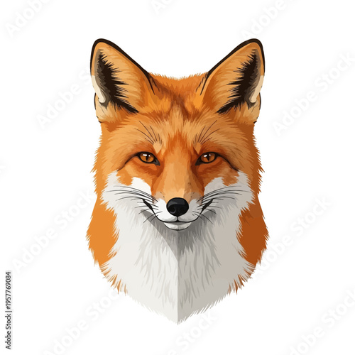 Realistic illustration of a red fox head with striking orange fur and piercing amber eyes, set against a clean white background