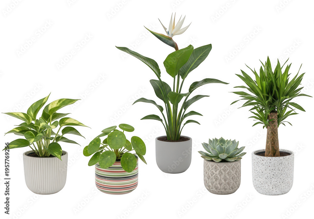 Fototapeta premium A collection of five different indoor house plants potted in various decorative ceramic containers
