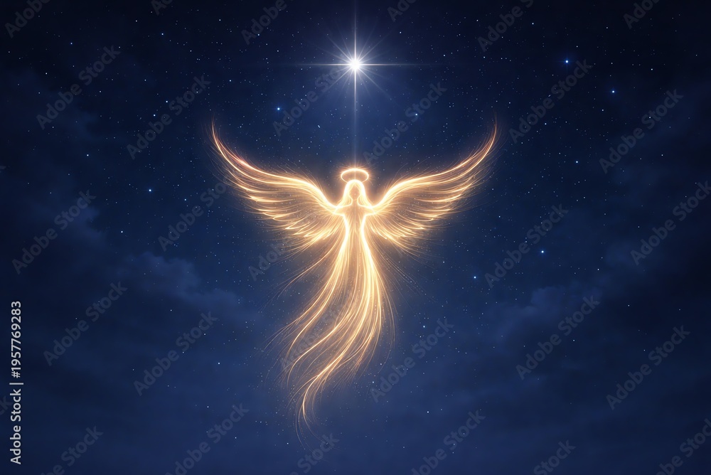 Obraz premium Angel figure formed from glowing golden light lines under night sky with radiant star minimal religious christmas spiritual illustration