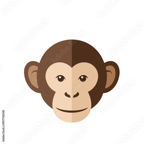 Minimalist flat design monkey head icon. A charming vector illustration showcasing a friendly brown primate face, perfect for various digital graphics, avatars, and animal-themed projects