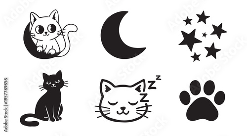 Cute Cat And Night Sky Elements Black And White Icon Vector Set