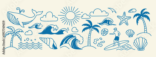Summer Beach And Ocean Doodle Line Art Elements Vector Collection