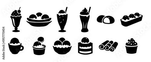 Ice Cream Parlour Dessert Silhouette Set – Sundae Banana Split Milkshake Vector Icons