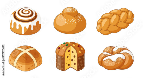 Six illustrations of sweet breads arranged in two rows on a white background