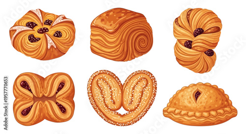 Six illustrations of goldenbrown laminated pastries against a white background