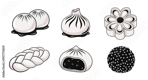 Six illustrations of white and black Chinese dim sum pastries on a white background