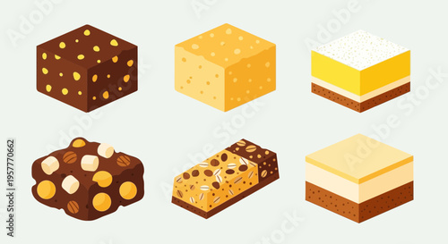 Six isometric illustrations of various baked desserts and snack bars