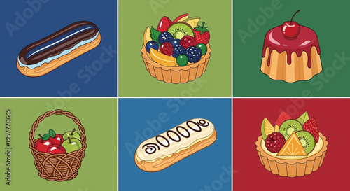 Six panels displaying various pastries and a basket of fruit