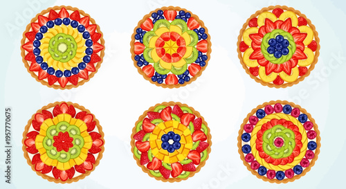 Six intricately decorated fruit tarts arranged in two rows of three