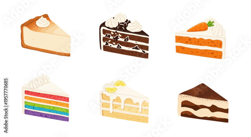 Six slices of illustrated cake varieties on a white background