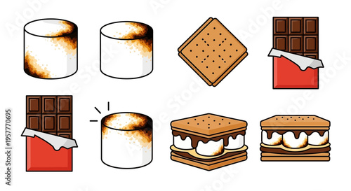 Smores ingredients and assembled treats illustration in rows