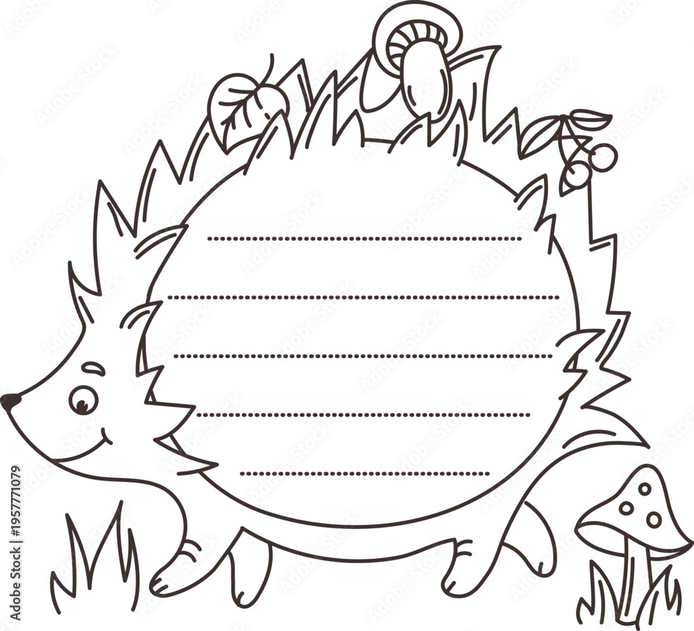 Fototapeta premium Kids memo note of cartoon funny hedgehog animal frame for message sticker, vector adhesive post. Cute hedgehog with forest mushrooms and berries for kids memo note sticker and daily to do list plan