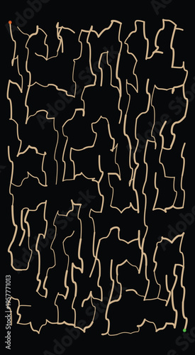 Complex winding beige maze with an orange start point and a green finish point on a black background for a challenging puzzle concept
