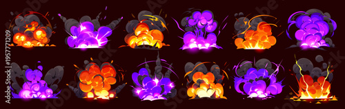 Cartoon bomb explosion and magic smoke effects, vector red and purple fire. Fiery orange blasts and glowing purple smoke clouds of cartoon bomb blasts and boom explosives of TNT or dynamite explode