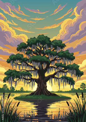 Cuadro en lienzo Serene Lakeside Sunset Landscape with Ancient Oak Tree adorned with Spanish Moss