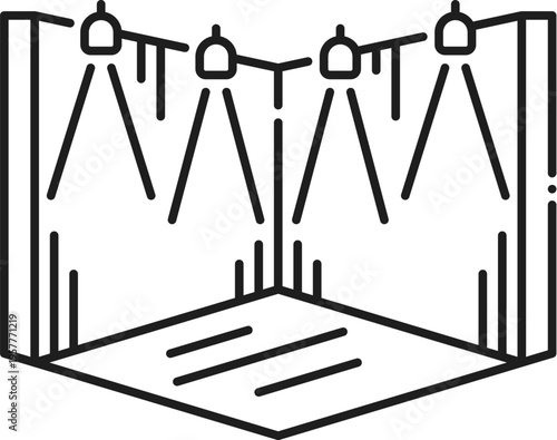 Exhibition stage stand display line icon or label. Product presentation stand display thin line pictogram, business exhibition stage lineart vector sign. Fair booth or kiosk outline icon or symbol