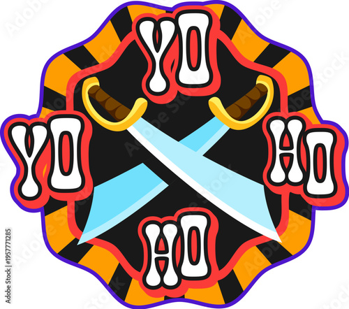 Pirate crossed swords vintage Y2K sticker or tag. Pirate marine label, piracy and treasure hunting vintage vector sticker. Corsair nautical Y2K patch or filibuster sailing retro tag with