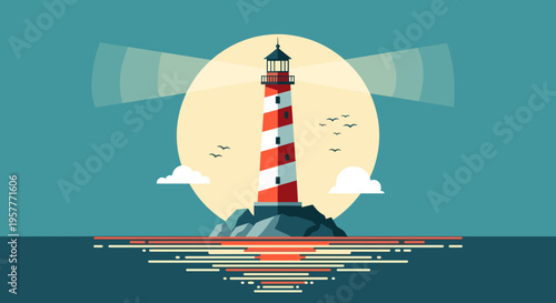 Red and white lighthouse standing tall.