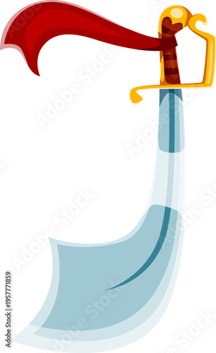 Pirate font cartoon sword weapon letter J. Piracy marine sailing typeset sign, pirate nautical type vector symbol. Corsair maritime font element or letter with cutlass sword with golden handle