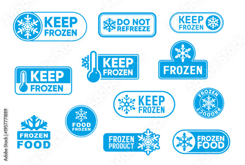 Blue frozen product label icons with cold ice snowflakes and freezer thermometers vector silhouettes. Keep frozen isolated labels set for food and drink package tags, cold storage temperature stickers