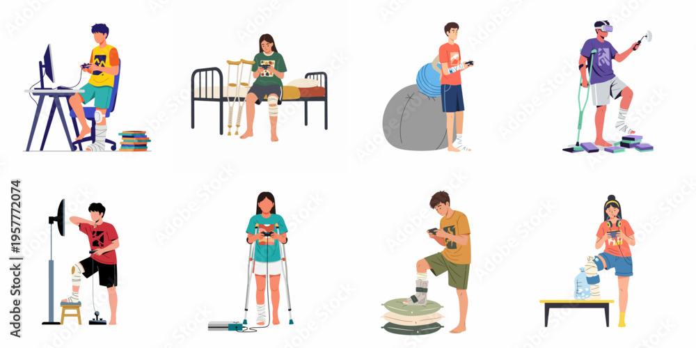 Fototapeta premium Set of young people with various physical injuries playing video games and using gadgets during their recovery and rehabilitation process at home.