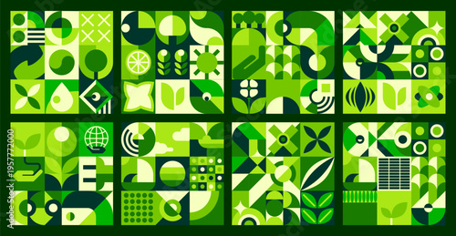 Environment ecology green tile with geometric nature Bauhaus patterns. Clean ecology vector patterns with green graphic shapes. Environment protection, nature saving backgrounds with Bauhaus shapes