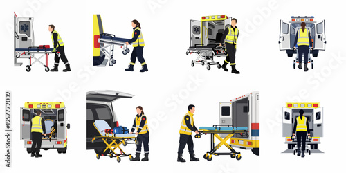 Vector illustrations of paramedics loading and unloading stretchers into ambulances, representing emergency medical services and first responder professional activities.
