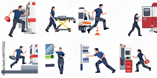 Flat Vector Illustration Set of Male and Female Paramedics in Various Action Poses with Ambulances and Medical Equipment