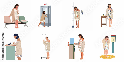 Flat vector illustration set of a female patient in various healthcare scenarios, including waiting, treatment with an IV, and leaving the clinic.