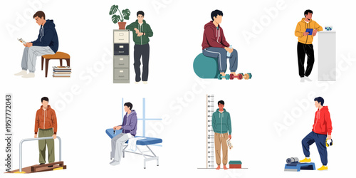 Set of diverse illustrations featuring men engaged in various health, fitness, and lifestyle activities, from physical therapy to gym workouts and medical checkups.