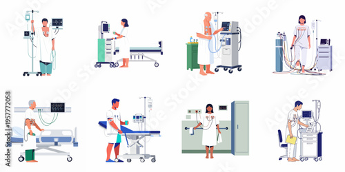 A collection of flat vector illustrations showing hospital patients of different ages connected to various medical monitoring devices and IV drips.