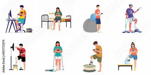 Set of young people with various physical injuries playing video games and using gadgets during their recovery and rehabilitation process at home.