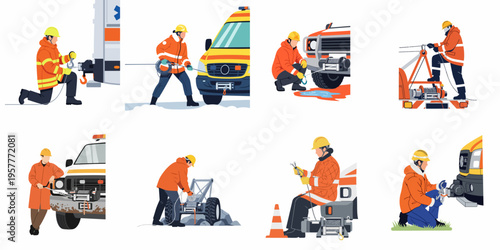 Collection of illustrations depicting rescue teams and emergency responders operating winches and towing equipment for vehicle recovery in various environments.