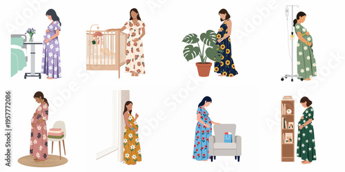 Flat illustration set of diverse pregnant women in various settings including home, hospital, and nursery, capturing the journey of motherhood and prenatal care.