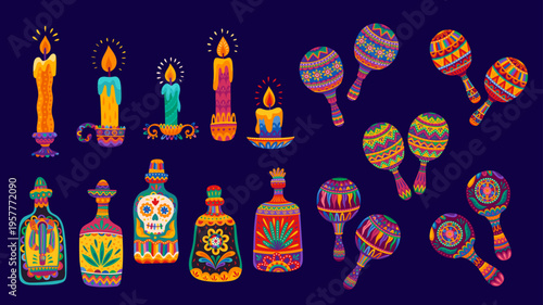 Mexican candles, maracas and tequila bottle, vector Mexico holidays. Cartoon Cinco de Mayo and Day of the Dead candles, maracas and tequila with geometric pattern, cactus, skull and flower ornaments